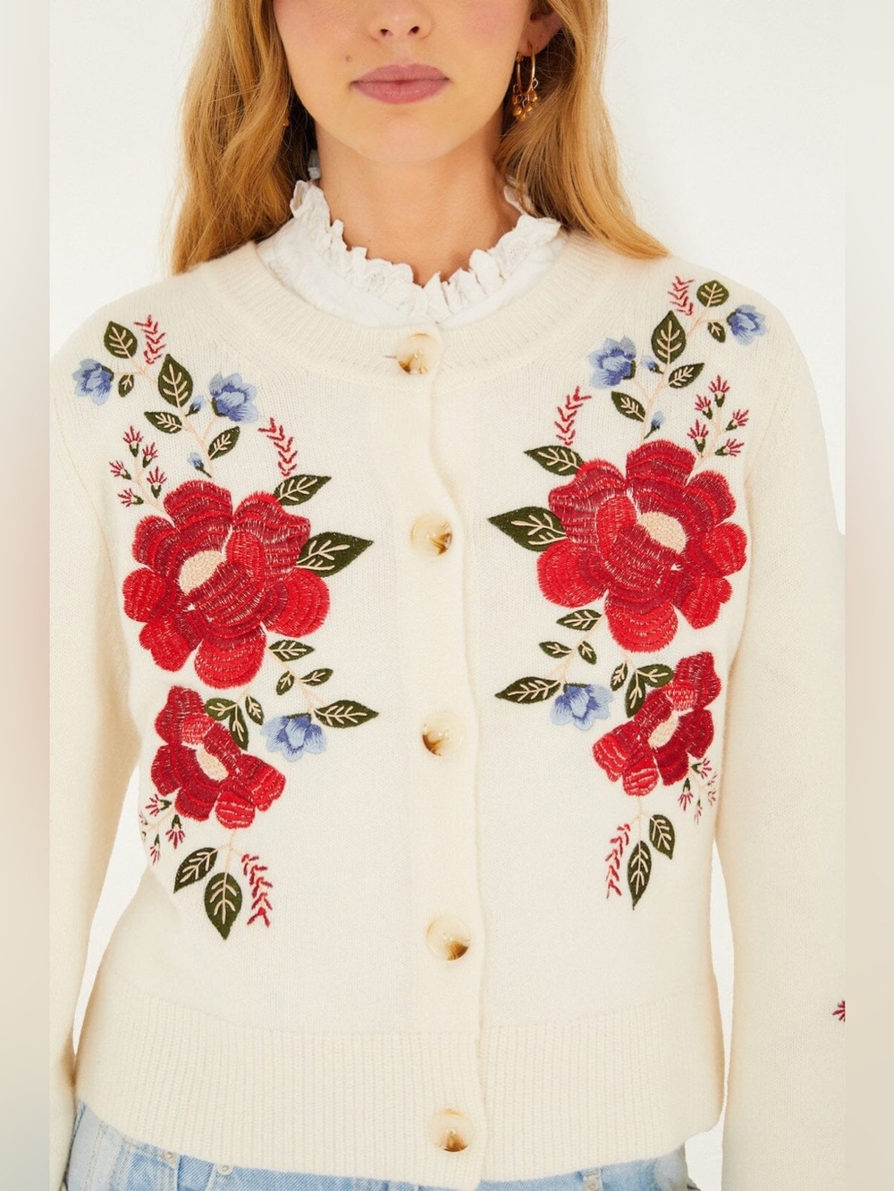 FARM Rio Cream Embroidered Flowers Buttoned Knit Cardigan! - Picture 3 of 9